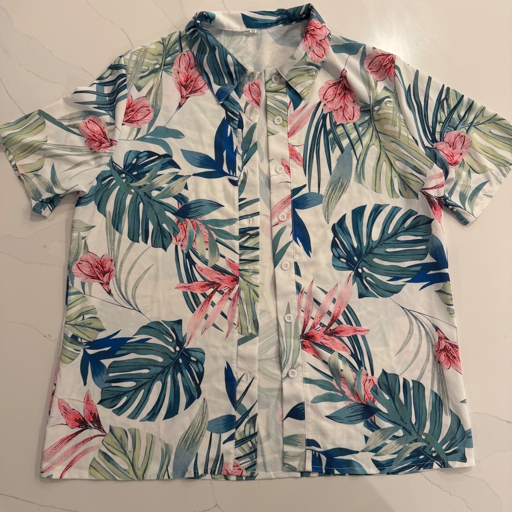 Tropical Floral Leaf Print Short Sleeve Button Down Shirt White Green Pink M